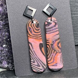 Artisan Made Groovy Pink Orange and Black Sparkling Clay Swirl Earrings